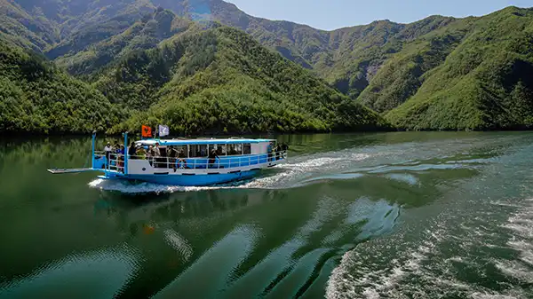 Clear turquoise water of the Shala River between mountains in northern Albania